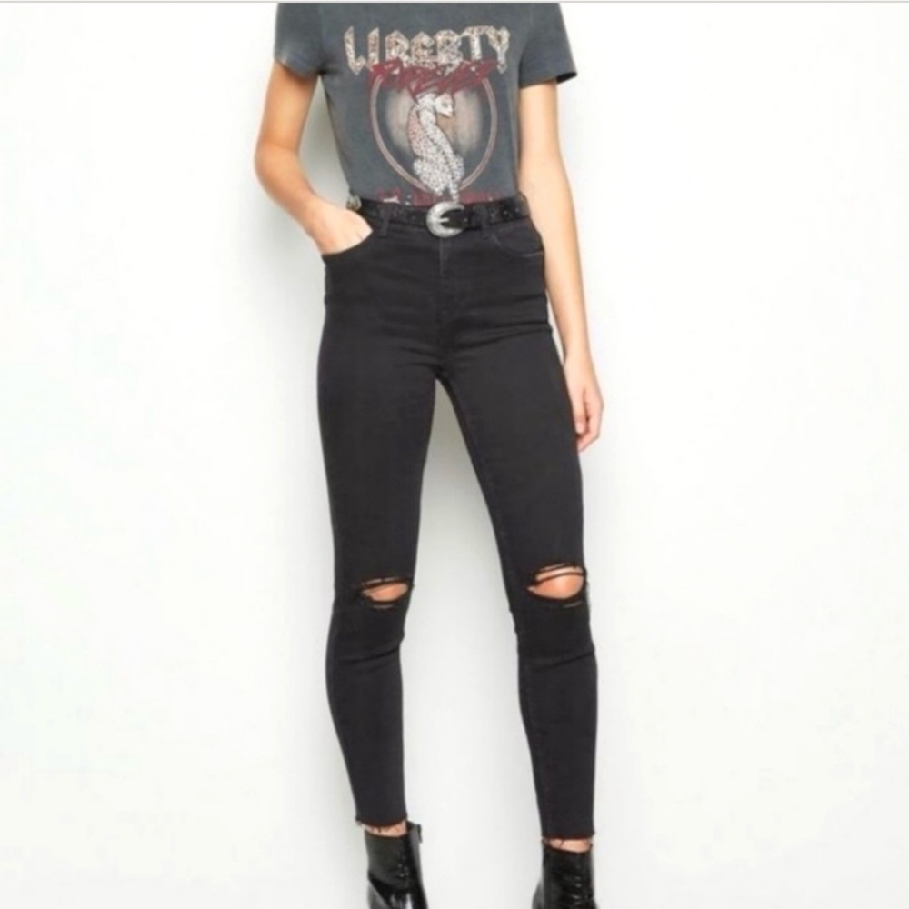 We The Free People 26 (US 2) Skinny Jeans Washed Black Distressed High Rise
